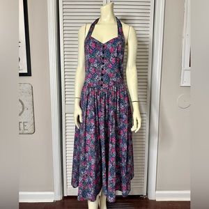 Vintage Floral Halter Maxi Dress w/ Pockets